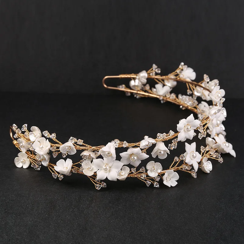 Gold Color Double-layer Crystal Bridal Headwear, Hair Jewelry Ceramic Flower Pearl Crown For Women Wedding Hair Accessories