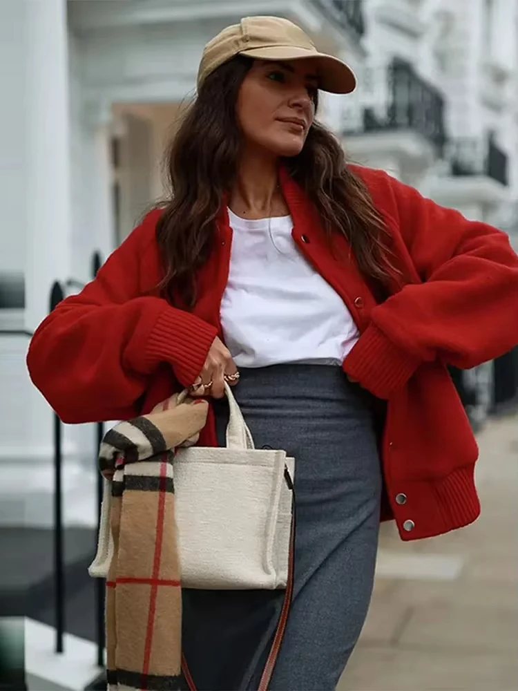 HH Women Red Loose Casual Jacket Coat Simple Single Breasted Long Sleeve Baseball Jacket Fashion Spring Autumn Maternity Top