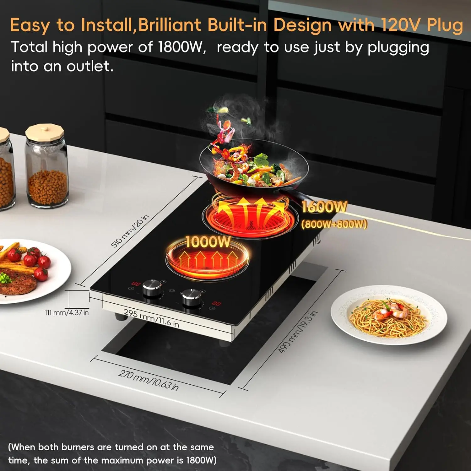2 Burner Electric Cooktop 120V, 1800W Radiant Electric Stove Top with Countertop & Built-in Design, 12 inch Knob Control