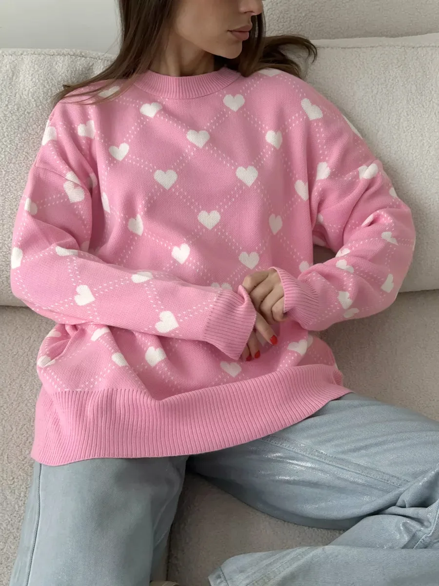 Autumn Printed Knitwear Pullover For Women Casual Patchwork Long Sleeve Contrast Loose Top Clothes Female Knit Pullover