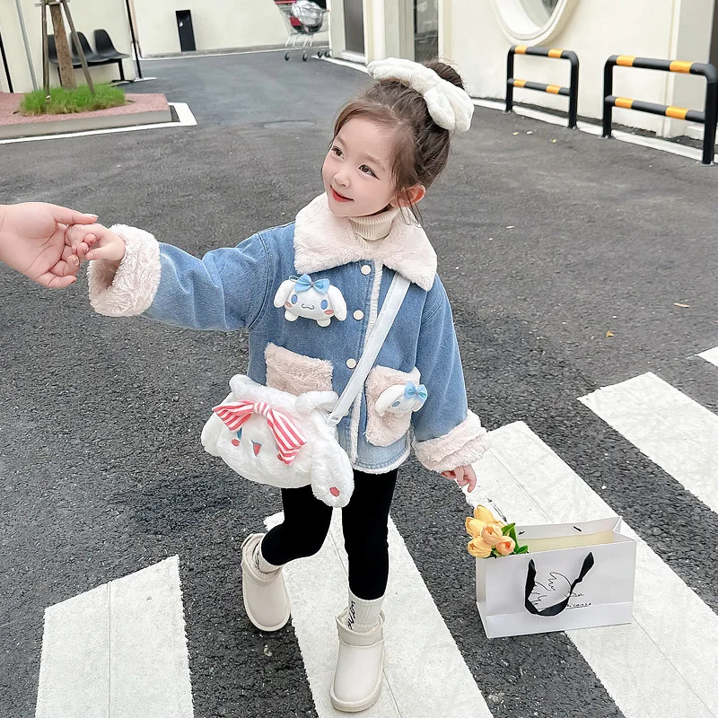 

Джинсовая куртка для девочек Kawaii Cinnamoroll, на осень-зиму, утепленная, джинсовая куртка, Симпатичные плюшевые пальто для девочек, детская верхняя одежда