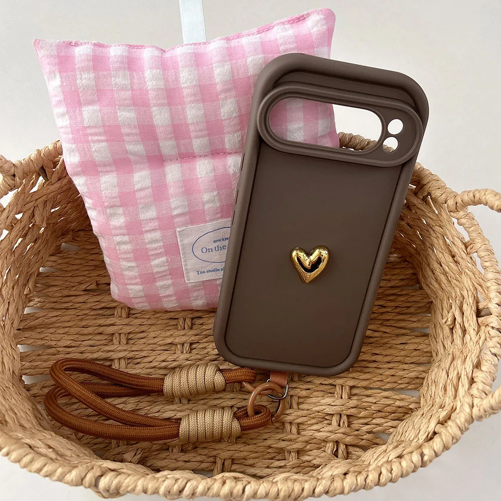 3D Gold Heart Love Wrist Strap Phone Case Cover