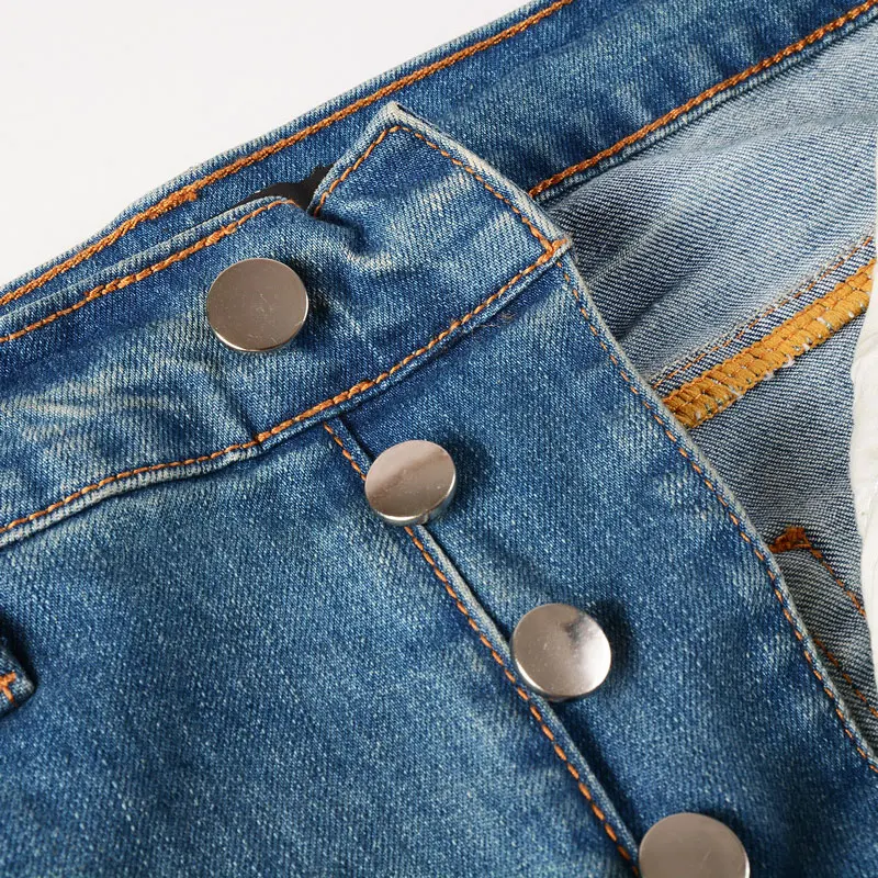 Streetwear Fashion Men Jeans Retro Washed Blue Stretch Skinny Fit Ripped Jeans Men Leather Patched Designer Hip Hop Brand Pants