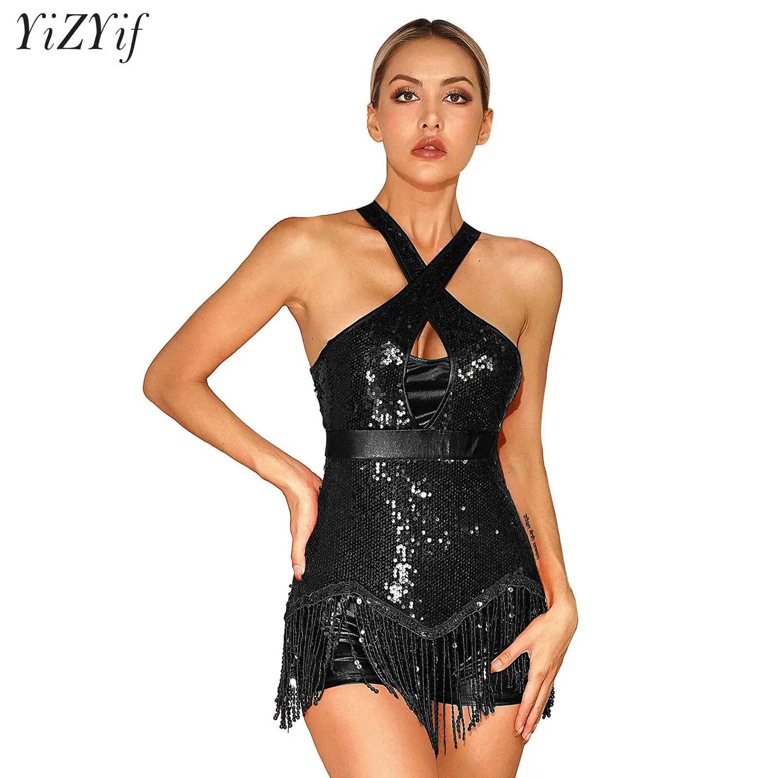 

Women Shiny Sequins Tassel Modern Ballroom Dancewear Sleeveless Cross Straps Cut Out Fringe Dance Leotard for Latin Cha-Cha