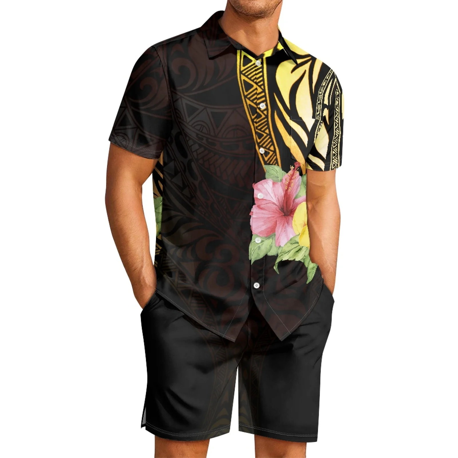 

Polynesian Tribal Tongan Totem Tattoo Tonga Prints Men's Two Piece Hibiscus Short Sleeve Shirt Beach Casual Shorts Sweat Suit