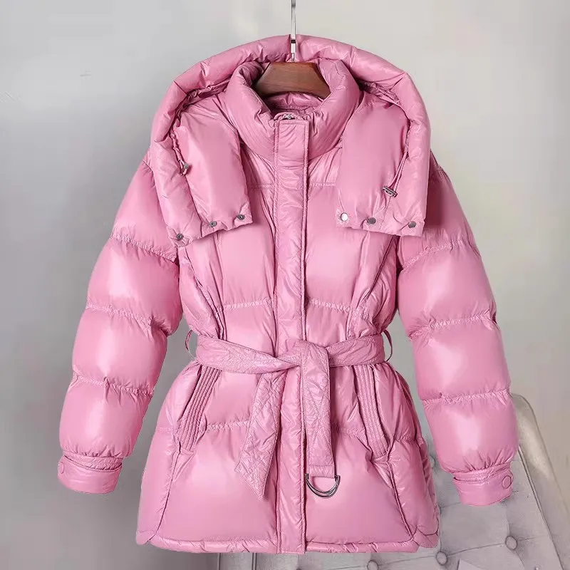 

Женский пуховик с поясом, теплый пуховик на белом утином пуху, приталенный силуэт, 2023