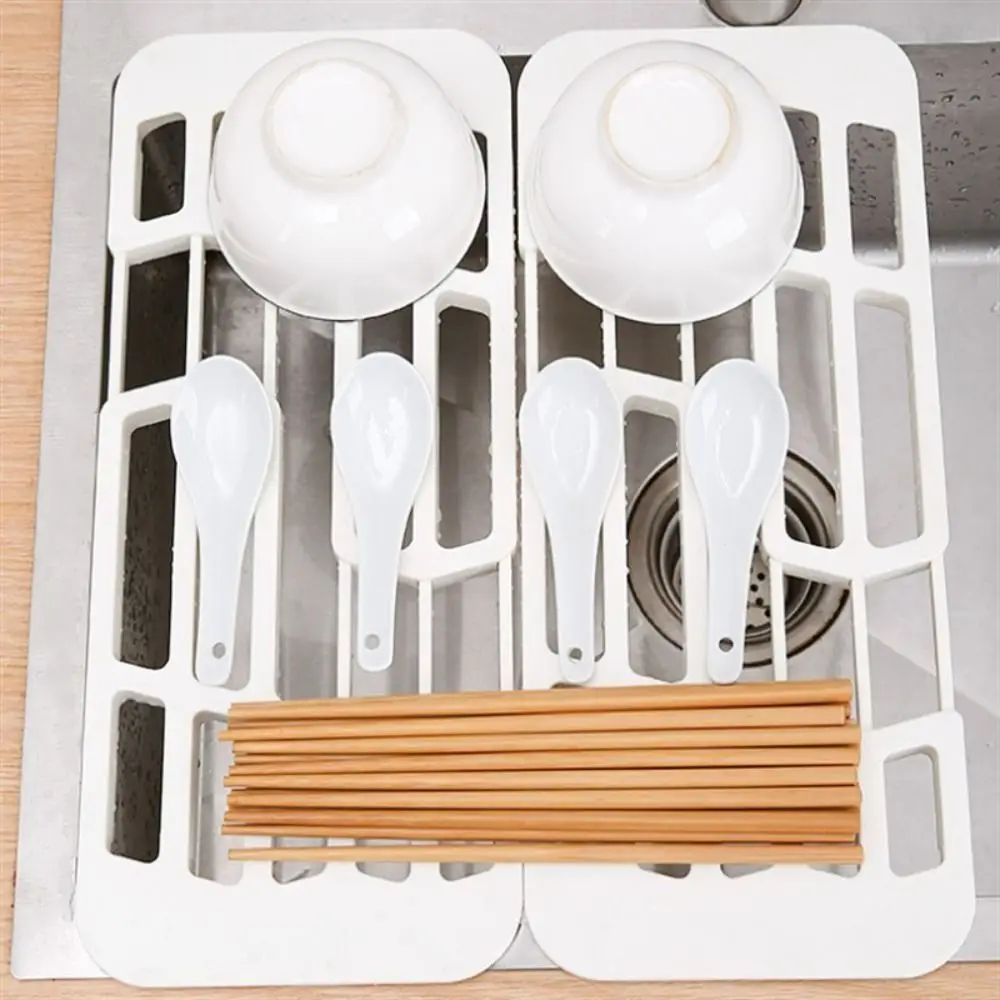 

White Kitchen Sink Rack Multifunctional Adjustable Plastic Sink Plate Bowl Holder Telescopic Dish Drain Rack Home
