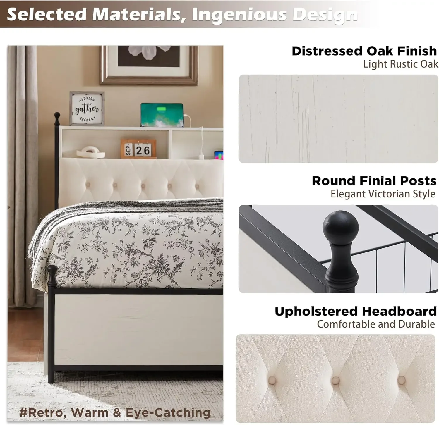 King Size Bed Frame with Upholstered Headboard, Modern Farmhouse Wood Metal Platform Bed with Storage Drawers,Antique White 6