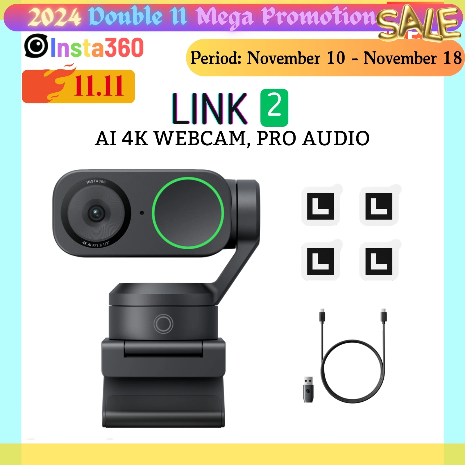 Insta360 Link 2 Webcam 4K 30fps PC Mac AI Tracking Noise-Canceling Gesture Control 1/2'' Sensor HDR Insta 360 Link2 Web Camera computer camera