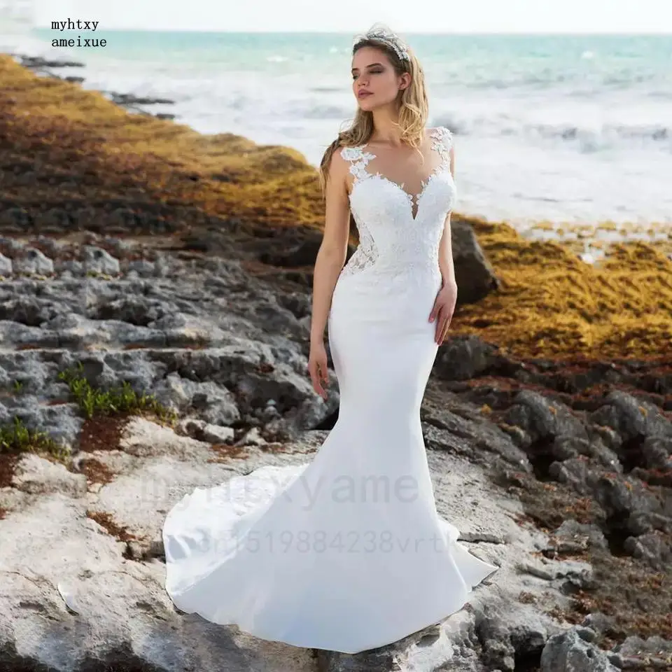 

Sexy Boho Mermaid Wedding Dresses 2023 Sheer O-neck Sleeveless Satin Lace Appliques Long Sweep Train Bridal Gown Open Back