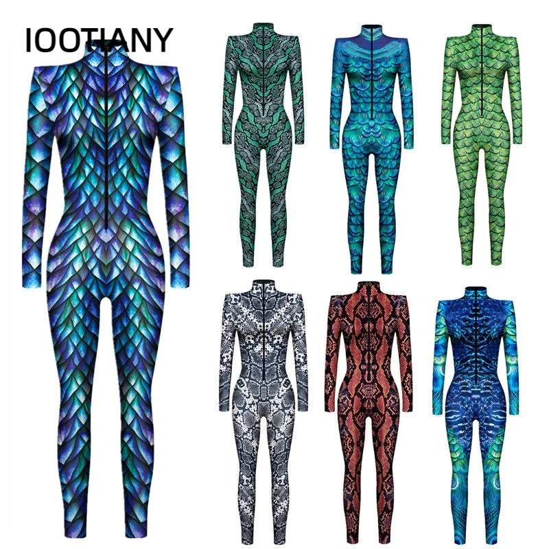 Animal Scales Peacock Feather Snake Skin Interesting Punk Gothic Women Sexy Halloween Slim Jumpsuit Cosplay Costume Bodysuit