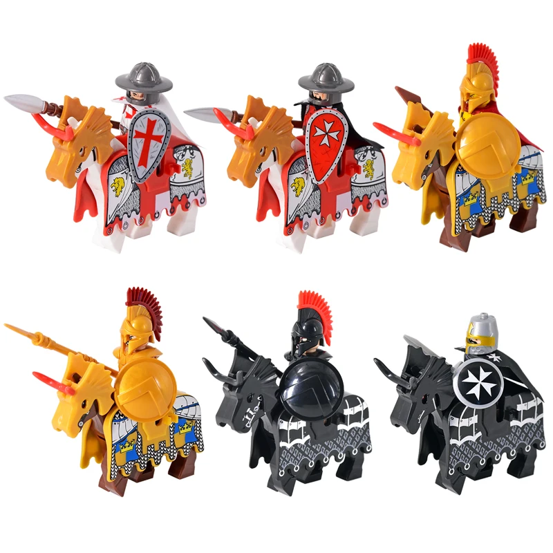 

Medieval Military Castle Knights Figures Set Rome Warrior Armored Soldiers War Horse Army Weapons Shield Sword Helmet Bricks Toy