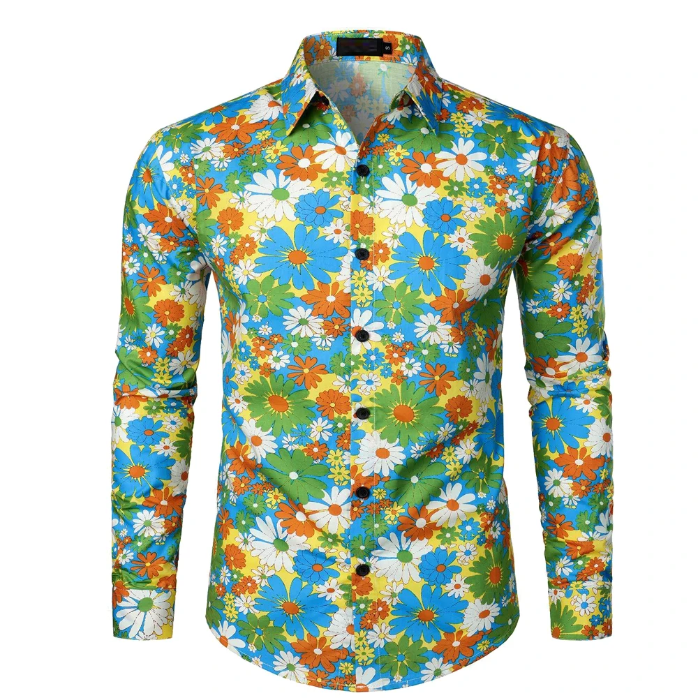 thumbnail image 1 of Camisa de manga larga con estampado para hombre, estilo étnico, disco, hip hop, informal, de los años 70, con botones, estilo social, con estampado floral de cachemira, estilo vintage, 1 of 5