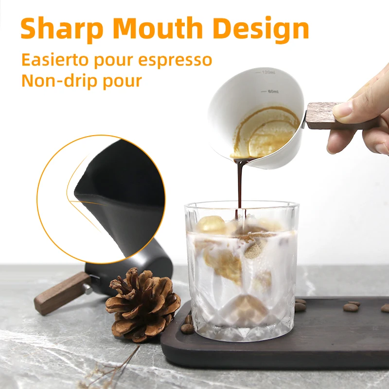 Elegant Stainless Steel Espresso Pouring Cup with Wood Handle & Precise Scale - 120ml