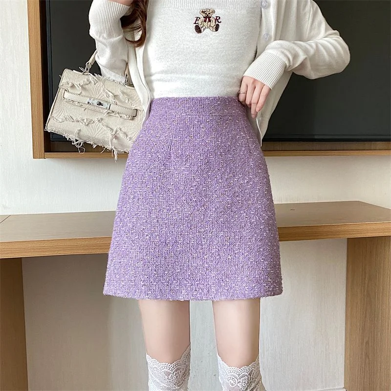 

Woolen Skirt Women Spring Autumn Winter 2023 New A- Line Skirts Classic Style French Style Design Hip Purple Short Skirt Woman