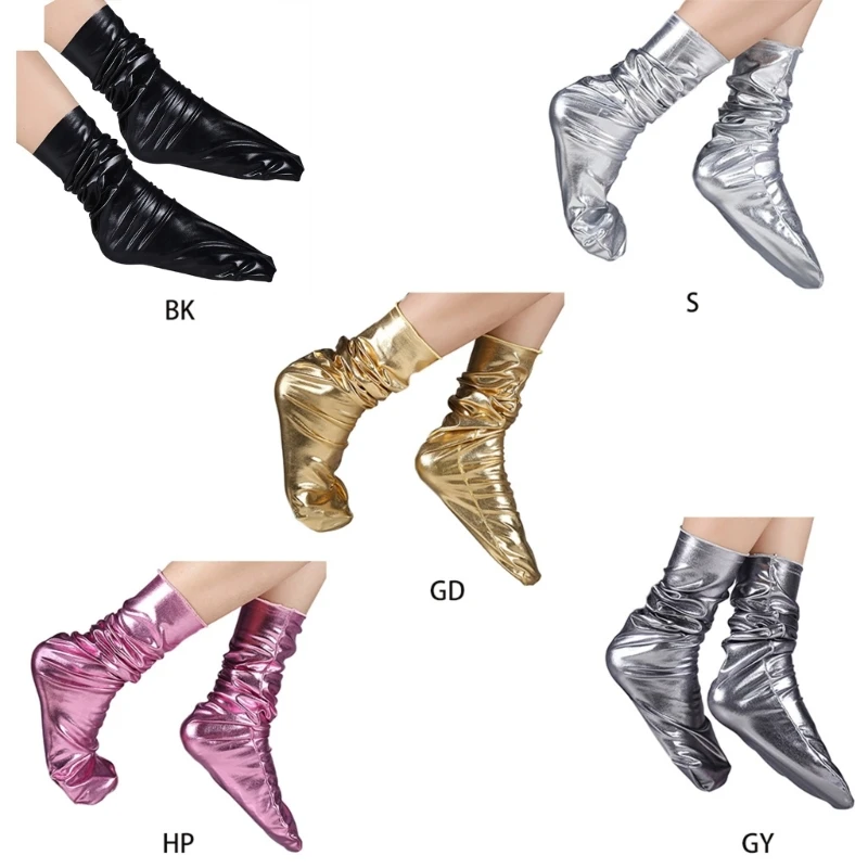 

Women Girls Faux Patent Leather Loose Crew Socks Funny Shiny Metallic Wetlook Solid Color Warm Mid Tube Stockings Clubwear