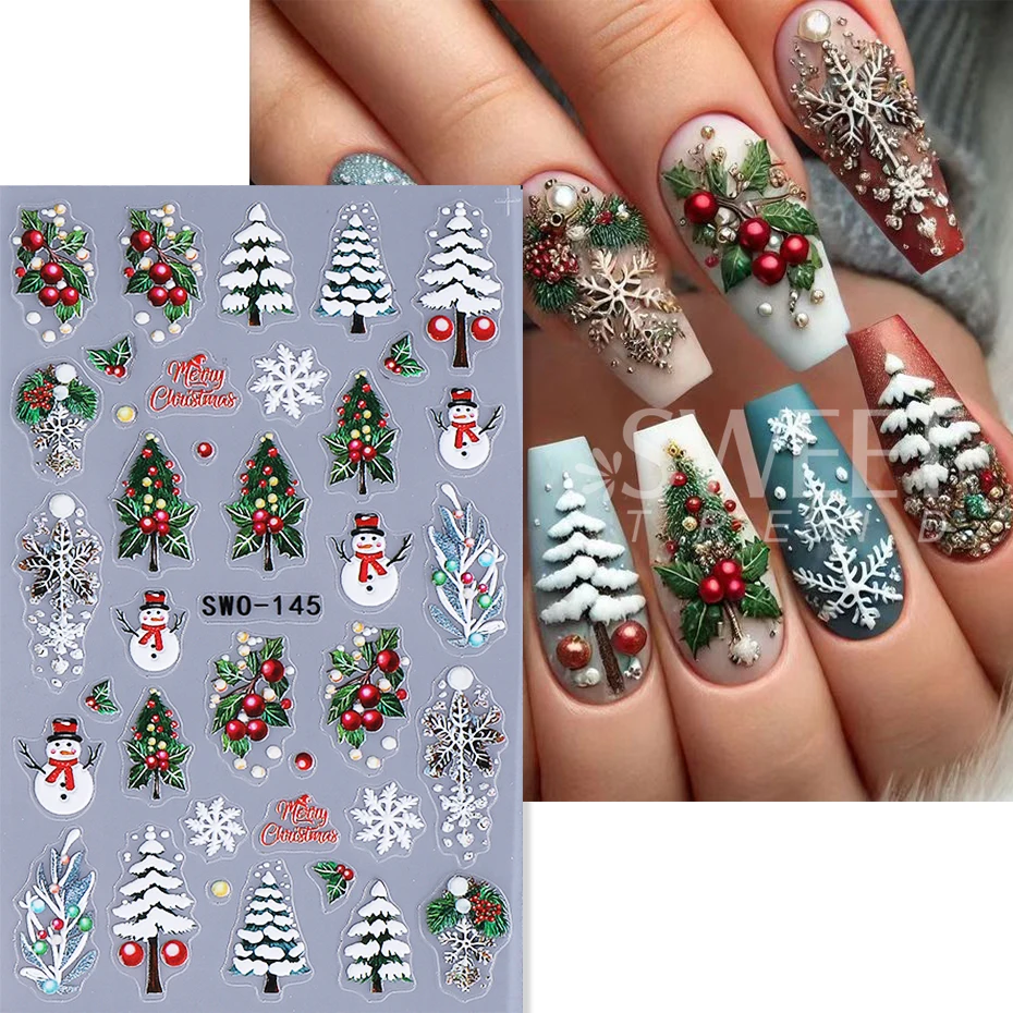 2pcs Embossed Christmas Nail Stickers 3D Cute Snowman Elk Elf Bow Nail Decals Winter Santa Claus Manicure Decoration Supplies