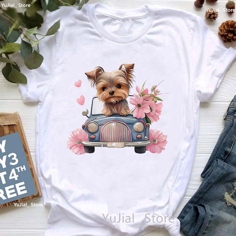 Golden Puppy Suower Dog Lover T Shi Girls Kawaii Clothes Summer Fashion Tops Shi Femme Pug/Yorkie/ Shohaired388_voghion.com