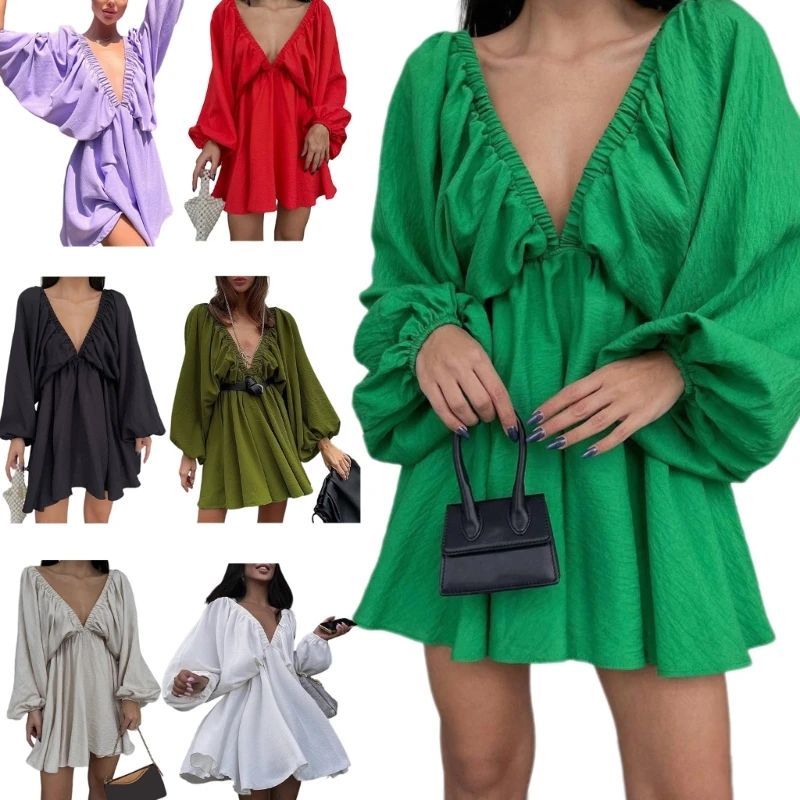 

Sexy A-line Dress Womens Elegant Long Sleeve Deep V-Neck Evening Party Dresses drop shipping