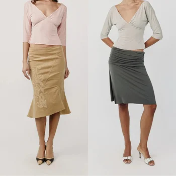 Wj V-Neck Pleated Mid-Sleeve Top, Vintage Low-Waist Pleated Fishtail Skirt Set, Green Pleated Low-Waist Slit Skirt, Khaki Fishtail Skirt with Embroidered Irregular Hem 1