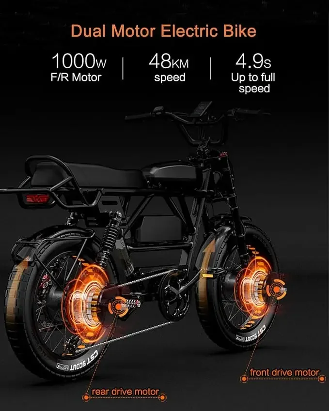 Nowy rower elektryczny dla dorosłych 2000W 48V 45Ah , 35 MPH podwójny silnik podwójna bateria Ebike, 20 grubych opon pełne zawieszenie, do 173mil 2