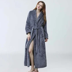 Women's Long Bathrobe Flannel Fluffy Winter Long Sleeve Solid Ladies V Neck Robes Sleepwear Soft Terry Home Clothes for Female