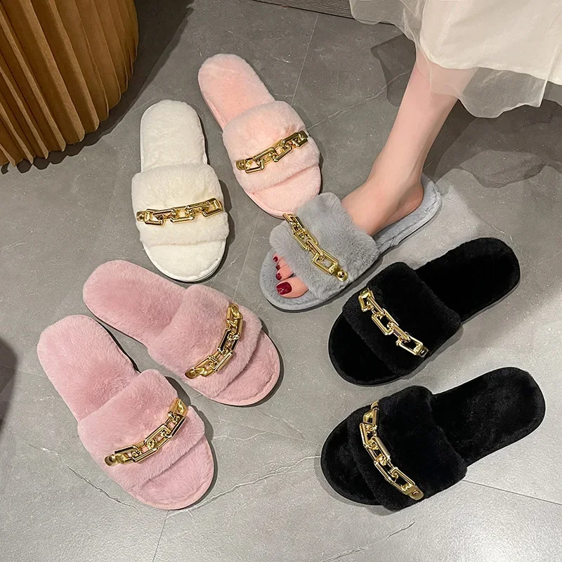 Winter Plush Slippers Women Fashion Open Toe Solid Color Women's Slides Metal Chain Indoor Casual Floor Warm Slippers Home Shoes