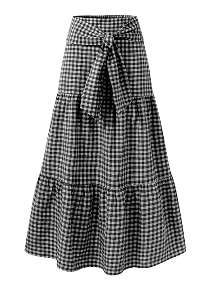 Celmia Fashion Skirts 2022 Summer Women High Waist Bow Tie Plaid Checked Long Maxi Skirts Casual Ruffled Party Skirts Oversized denim skirts for women