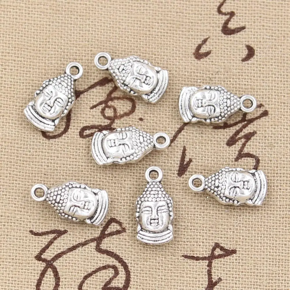 12 개 매력 부처님 머리 16x8mm 골동품 만들기 펜던트 맞춤, 빈티지 티베트어 청동 실버 색상, DIY 수제 보석