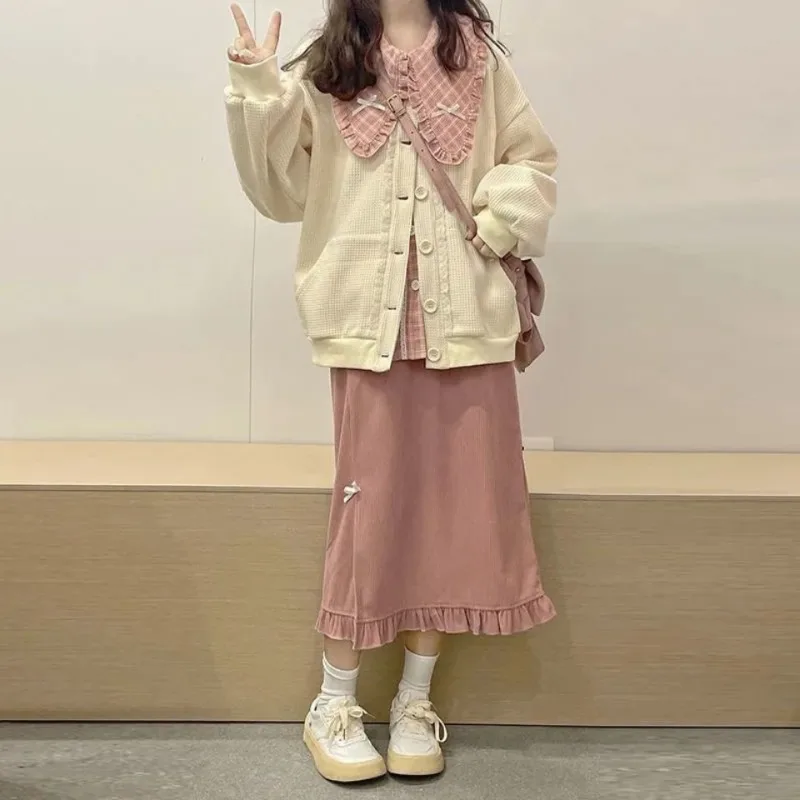 Women Sweet Dress Sets Japan Style Pink Plaid Shirts + Corduroy Solid Color Skirt + Long Sleeve Cardigan Female Three-piece Set 3 pieces japan alps alpine ec11e152t40b encoder three piece set rotary encoder in stock