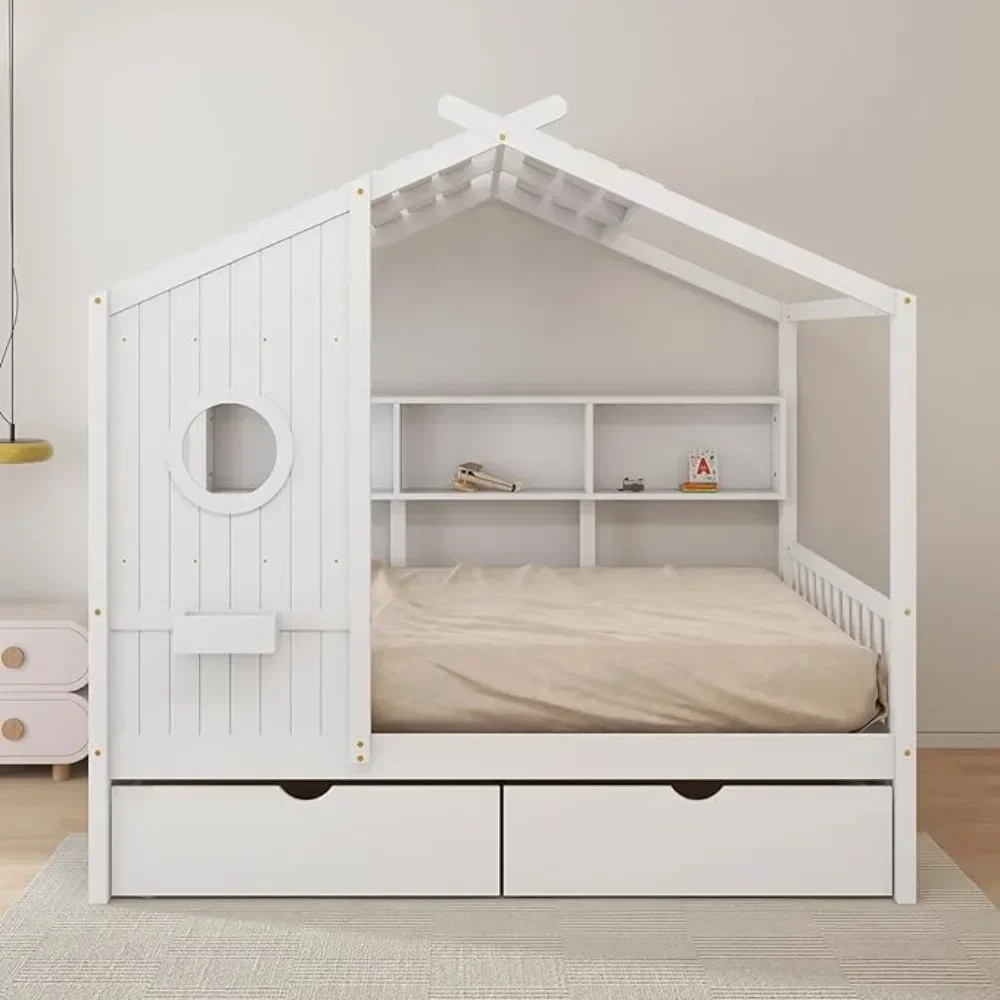 Bed for Kids Wooden Kids Bed with Storage Drawers and Bookshelf Built in Window Box Design Cute for Kids Toddler Boys Girls