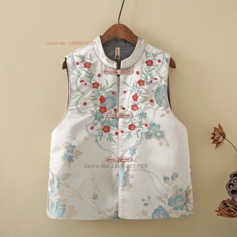 

2024 chinese vintage vest national flower embroidery satin vest traditional stand collar hanfu tops sleeveless jacket waistcoat