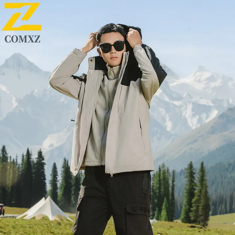 COMXZ Windbreaker Jacket 3-In-1 Detachable Windproof Hiking Camping Fleece Coat Climbing Waterproof Breathable Men's Outerwear
