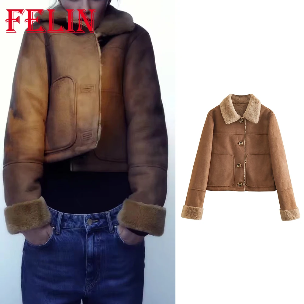 

TRAF Autum Winter 2022 Vintage Women Leather Coats Pockets Loose Short Thick Jackets Fashion Brown Woman Outwears
