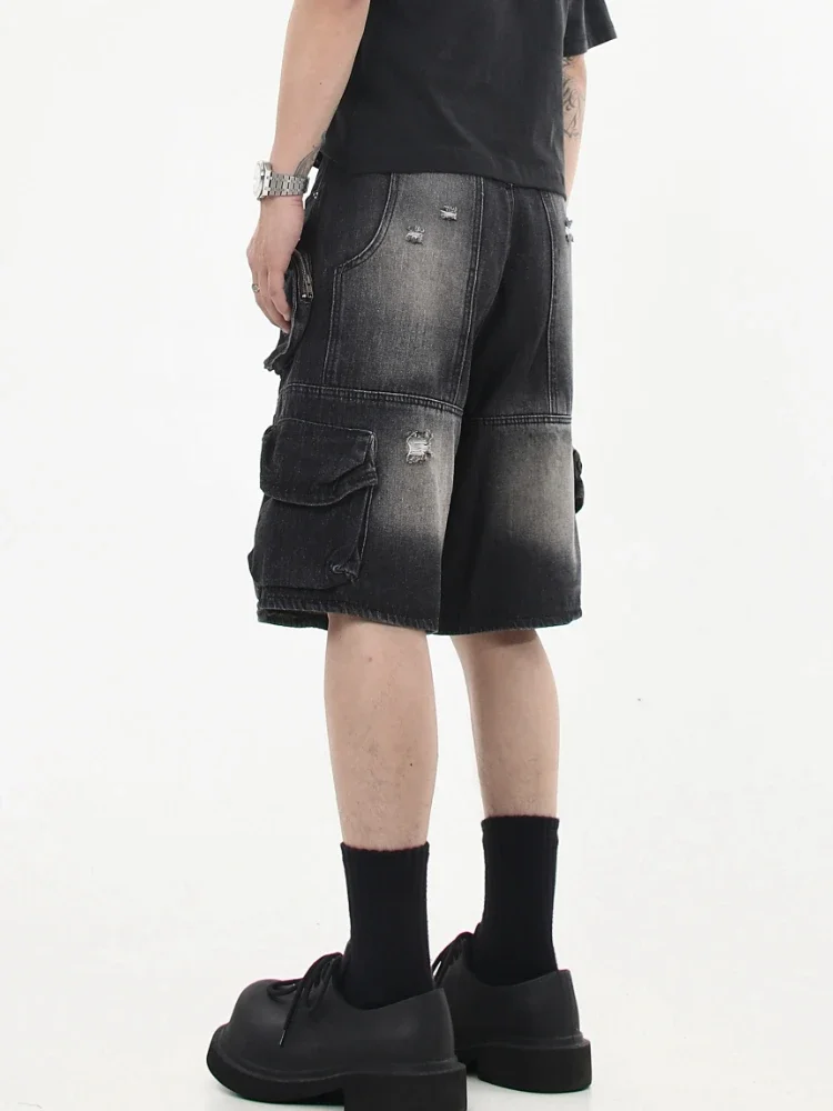 Denim Cargo Shorts Men Vintage Loose Baggy Multi-pockets Washed Streetwear Handsome Personality Summer American Fashion Hombre