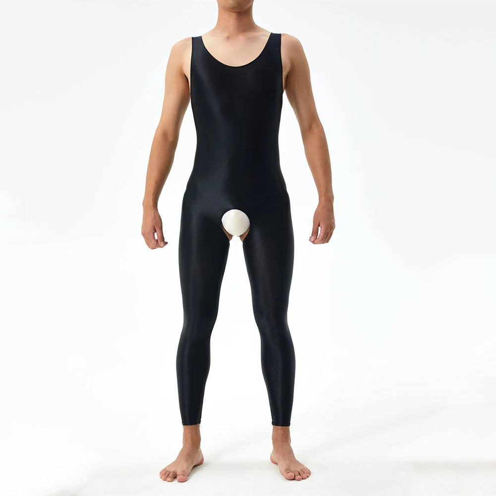 Men Crotchless Bodysuit Erotic Underwear Sexy Glossy Oil Shiny Jumpsuit Sleeveless FullBody Stockings Elastic Seductive Lingerie