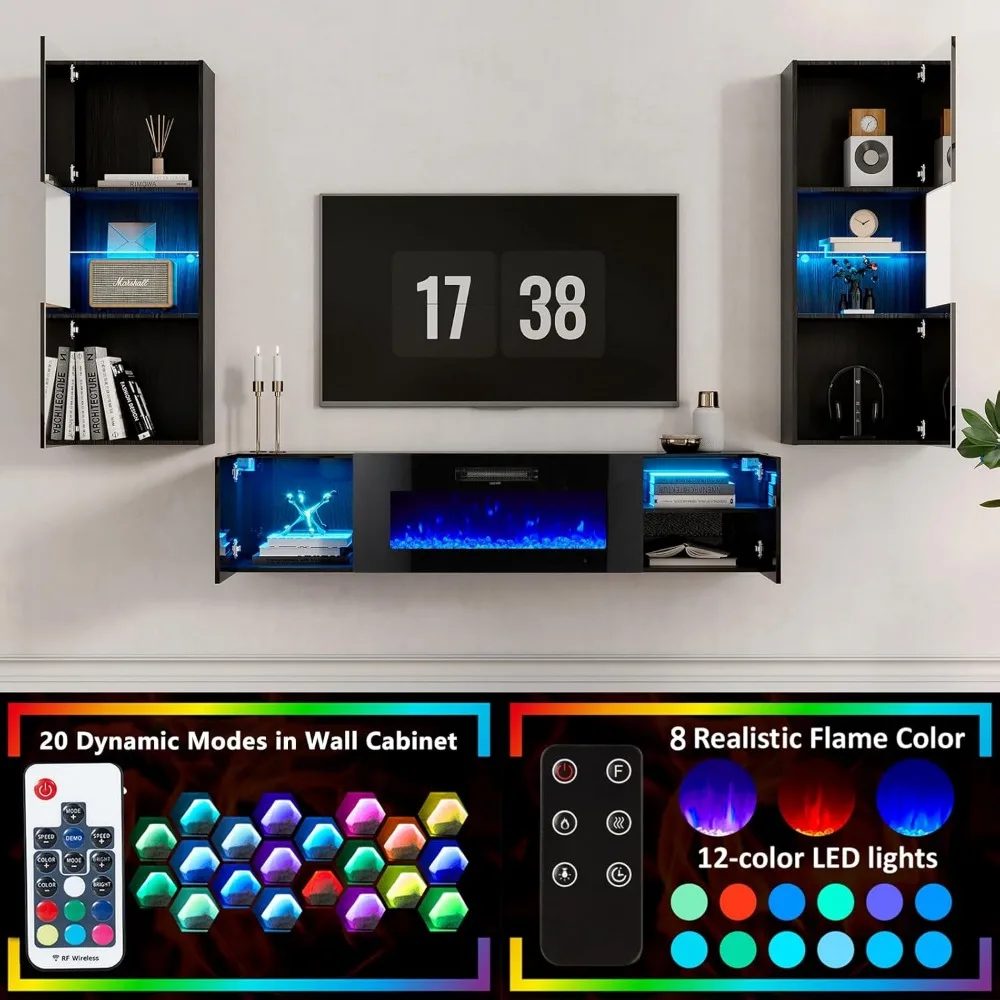 Wall Unit Entertainment Center with 40" Electric Fireplace, Includes 80" Floating Fireplace TV Stand, 2 X Wall Cabinets 4