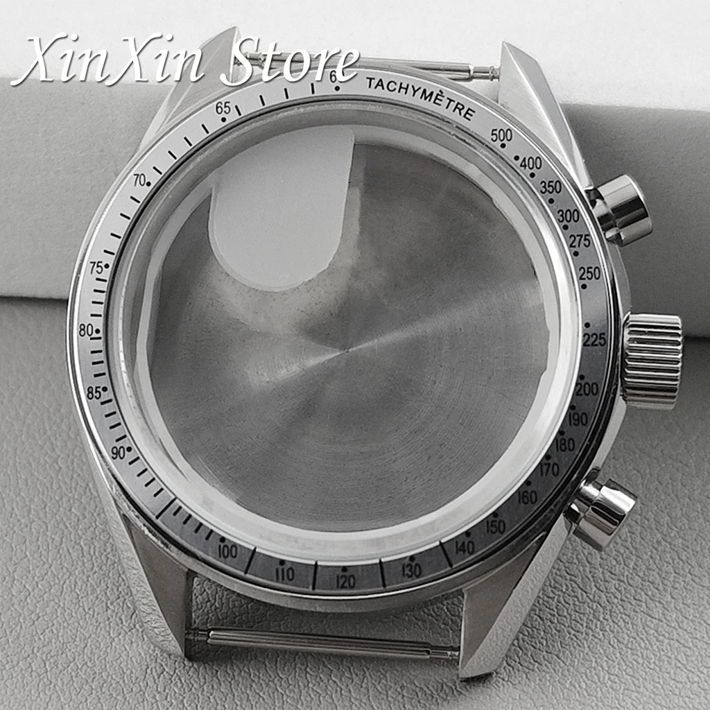 Men's 39.7mm Blue Bezel Watch Case with Moon Pattern Back and Chronograph Function for Quartz Movement, Fits 20mm Strap