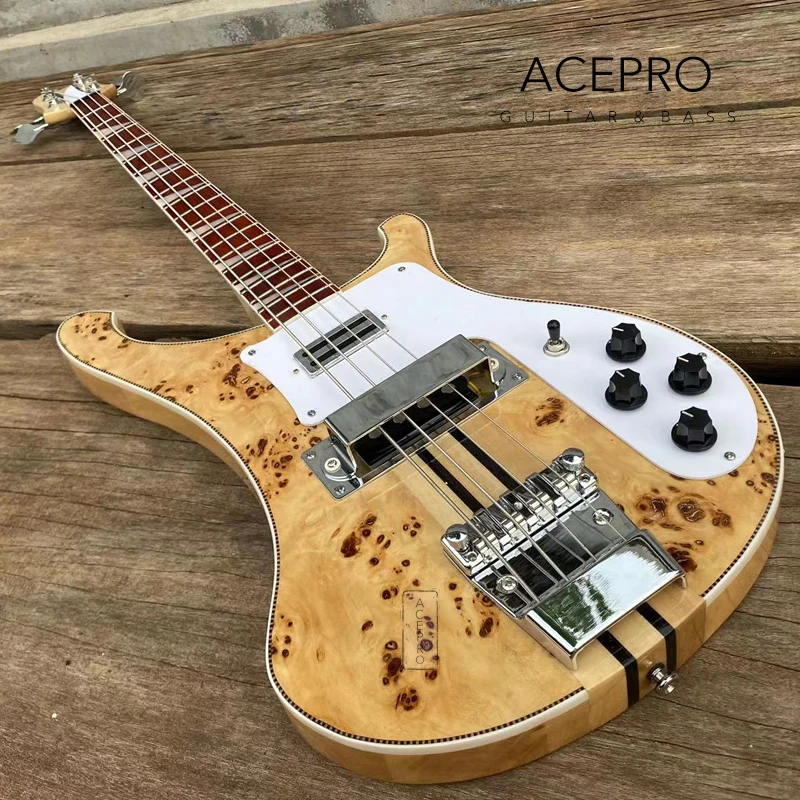 

5-piece Neck Thru Body Electric Bass Guitar, Natural Color Burl Maple, Checkerboard Binding, Upgrade Adjustable Bridge Available