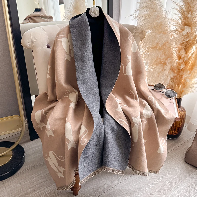 Women's Autumn Winter Warm Cat Pattern Faux Cashmere Scarf Jacquard Shawl Wrap Cozy Blanket Neck Protection