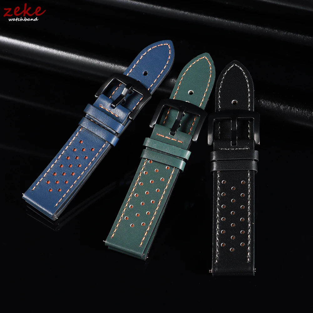 Vintage Handmade Leather Watch Strap - Quick Release, Breathable, Sport Design, Black & Brown, with Pin Buckle