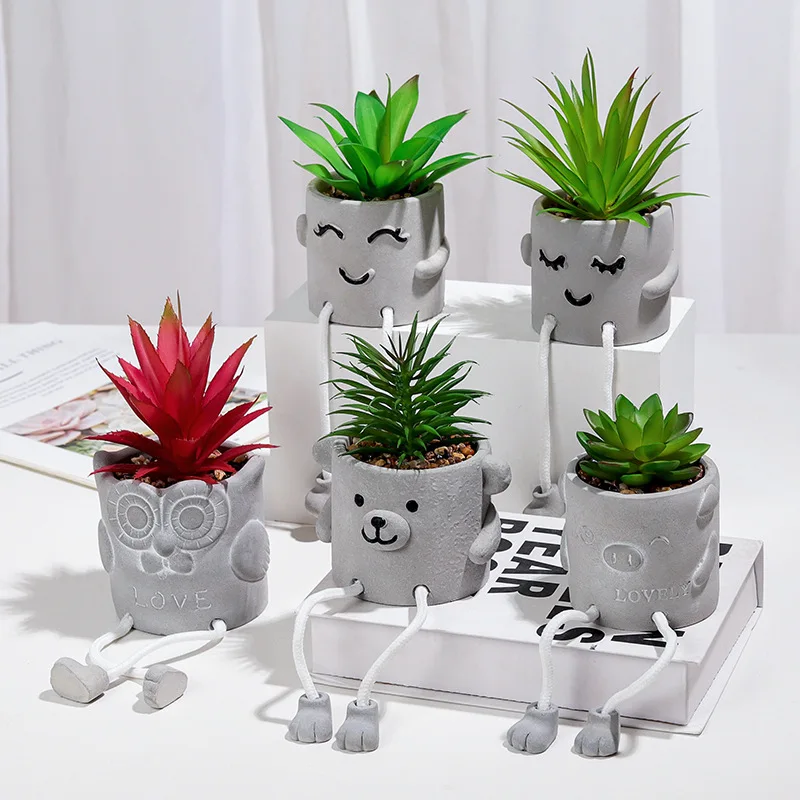 Simulation Succulent Potted Creative Hanging Doll Cement Flowerpot Cactus Succulent Indoor Living Room Vase Decoration