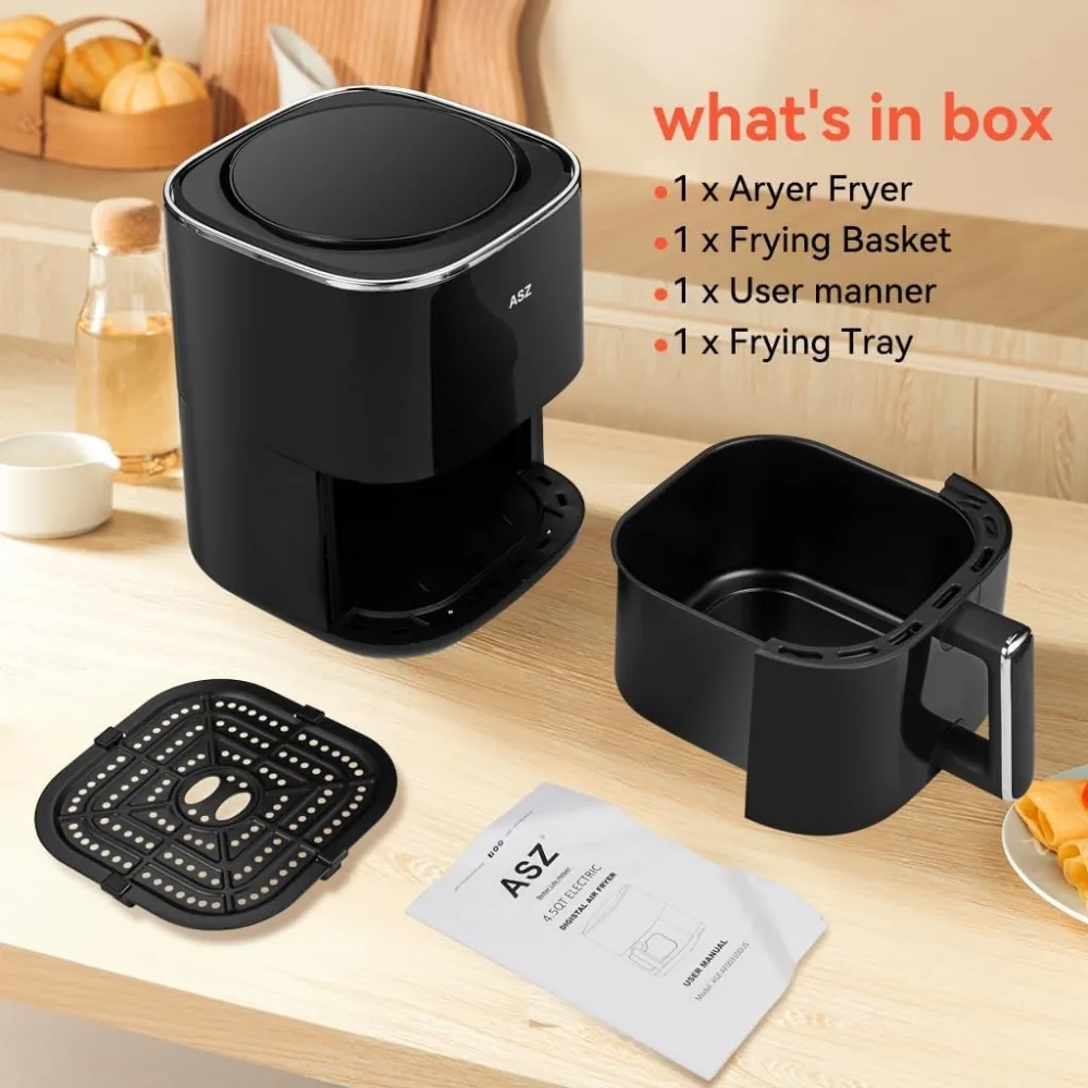 ASZ Digital Air Fryer 4.5qt with Window  8 Presets Bake Toast Broil Reheat Bacon Black 400°F Airfryer 85% Oil Less 6