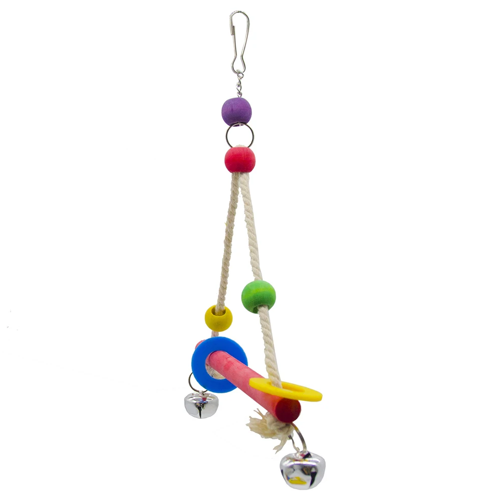 1pc Random Color Wood Parrot Swing Toy with Bell Triangular Perch Stand Hanging Chew Toy for Pet Bird Parrot Cage Decor Supplies