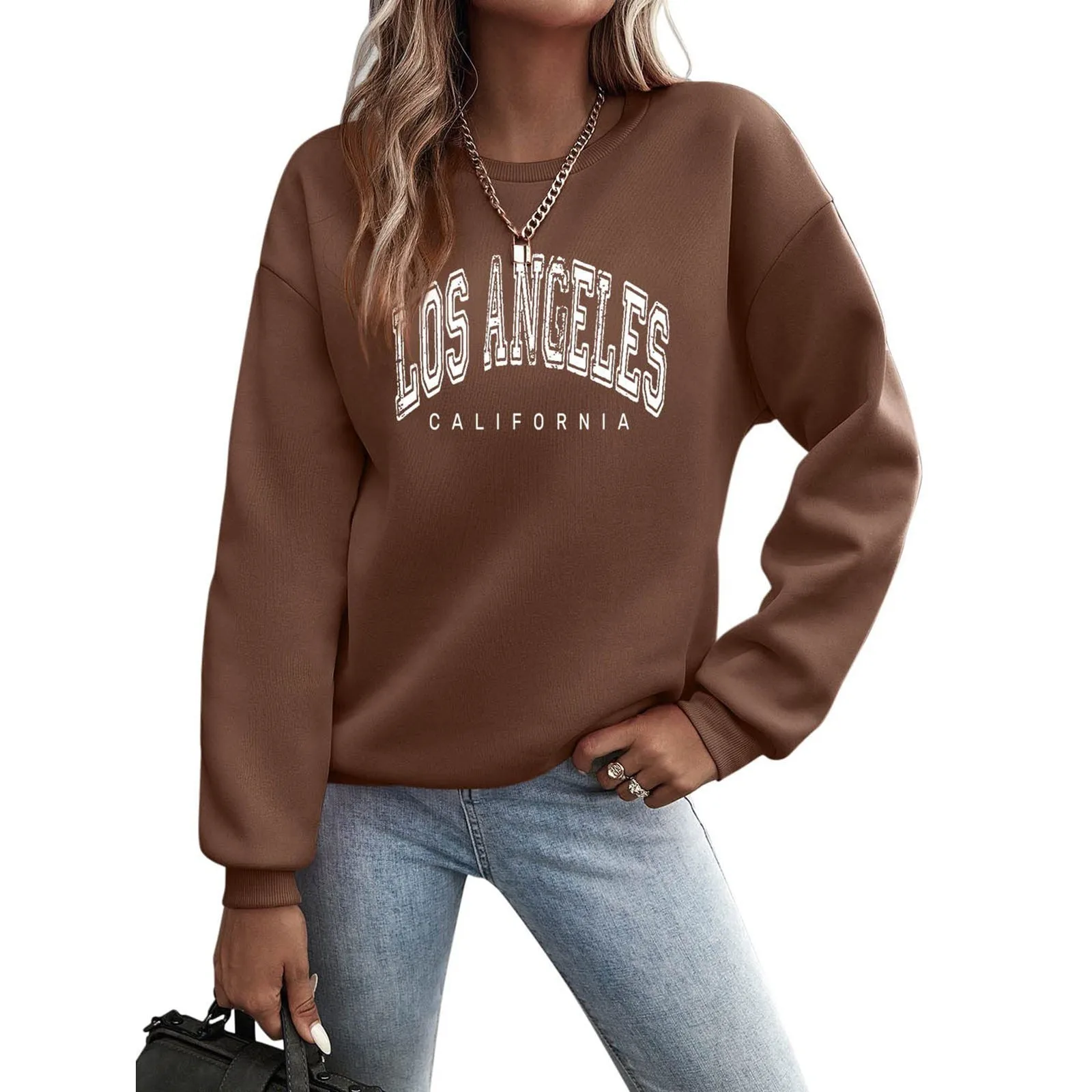 Women's Pullover Sweatshirt Losangeles Letter Printed Long Sleeved Crew Collar Pullover Fall/Winter Sports Casual Knit T Shirt