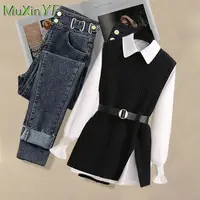 2026 Spring New Korean Elegant in Matching Set Women's Fashion Knitted Vest+Shirt+Jeans Three Piece Female Chic Denim Pants Suit - Image 4