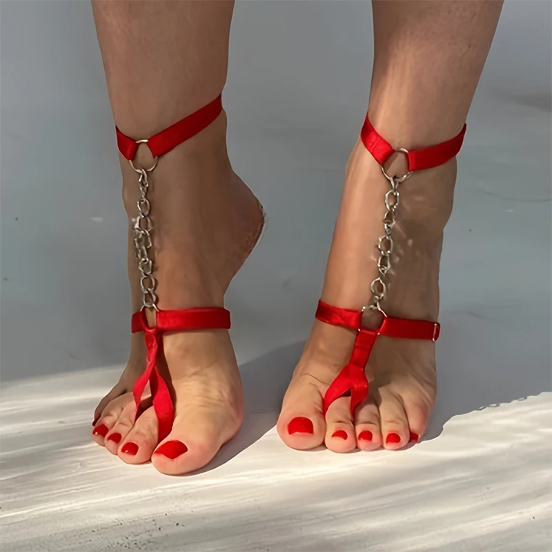 Ketten-Gothic-Fußkettchen mit schwarzem elastischem Band für Damen – Sommer-Barfuß-Fußgurt für High-Heel-Sandalen & Abschlussball – Detail 6