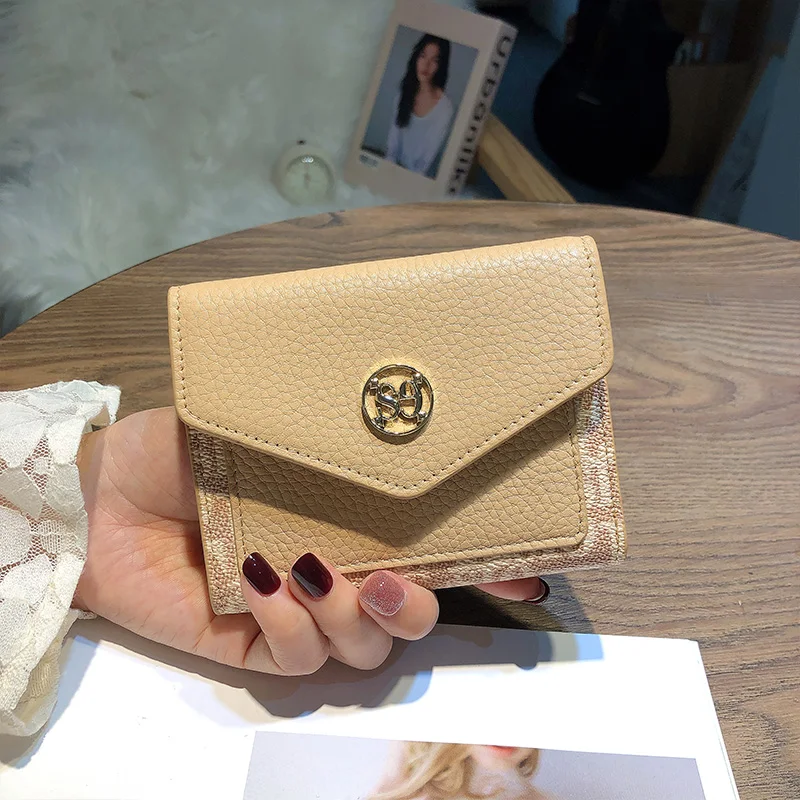 Two-tone Short Wallets Women Genuine Leather Wallets Original Design Cowhide Billfold Fashion Letter Printing Purse Box