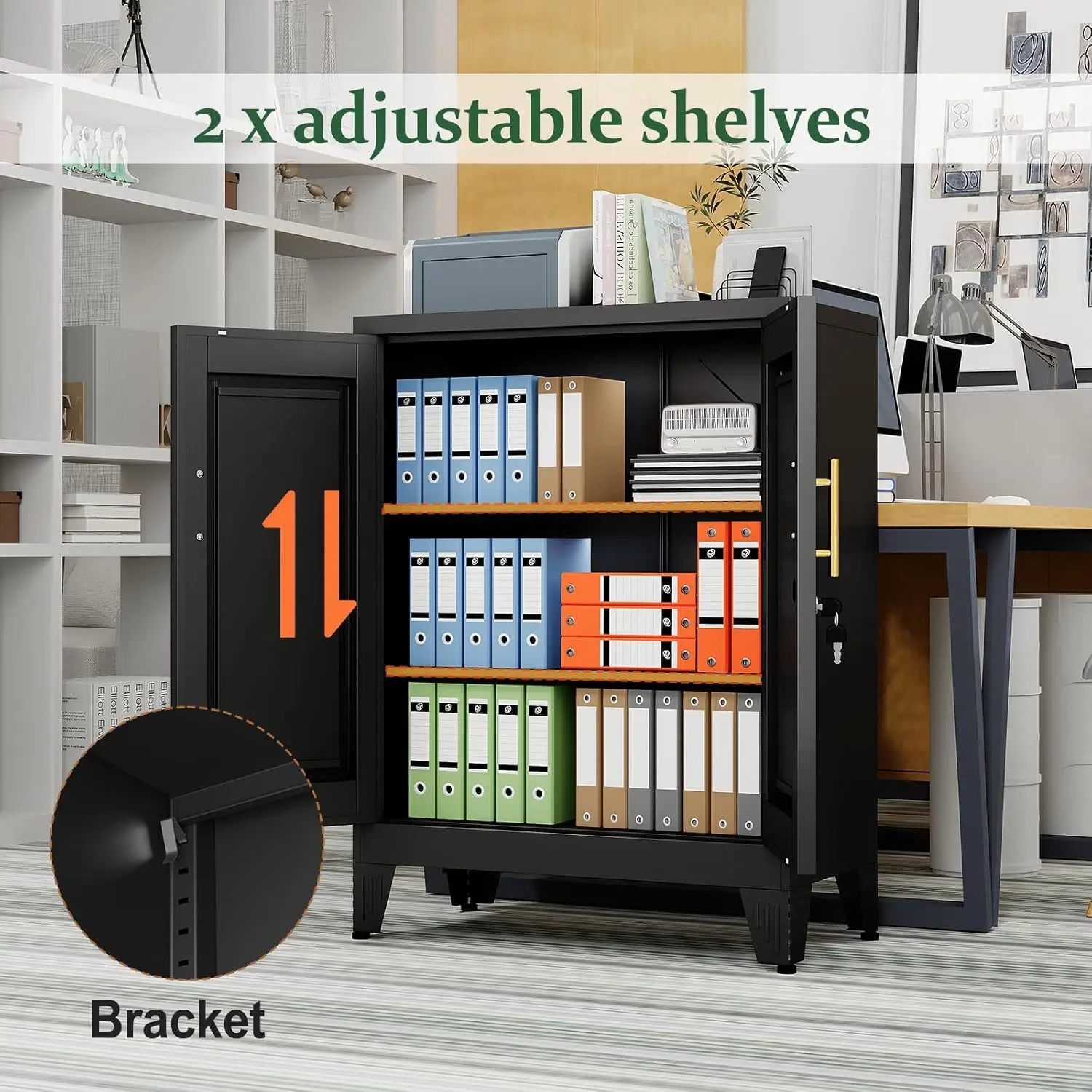 Black Metal Storage Cabinet, 36" Tall Locking Storage Cabinet with 2 Adjustable Shelves, Steel Locker Organizer
