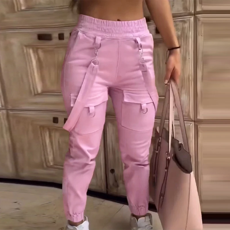 

Harajuku Strap Cargo Long Pants 2023 Ladies Multi-pockets Pink Office Trousers Women Fashion Summer Elastic Waist Solid Legging